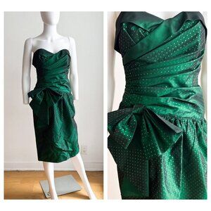 A.J Bari 80s Bow Detail Gathered Unique Green Cocktail Dress S